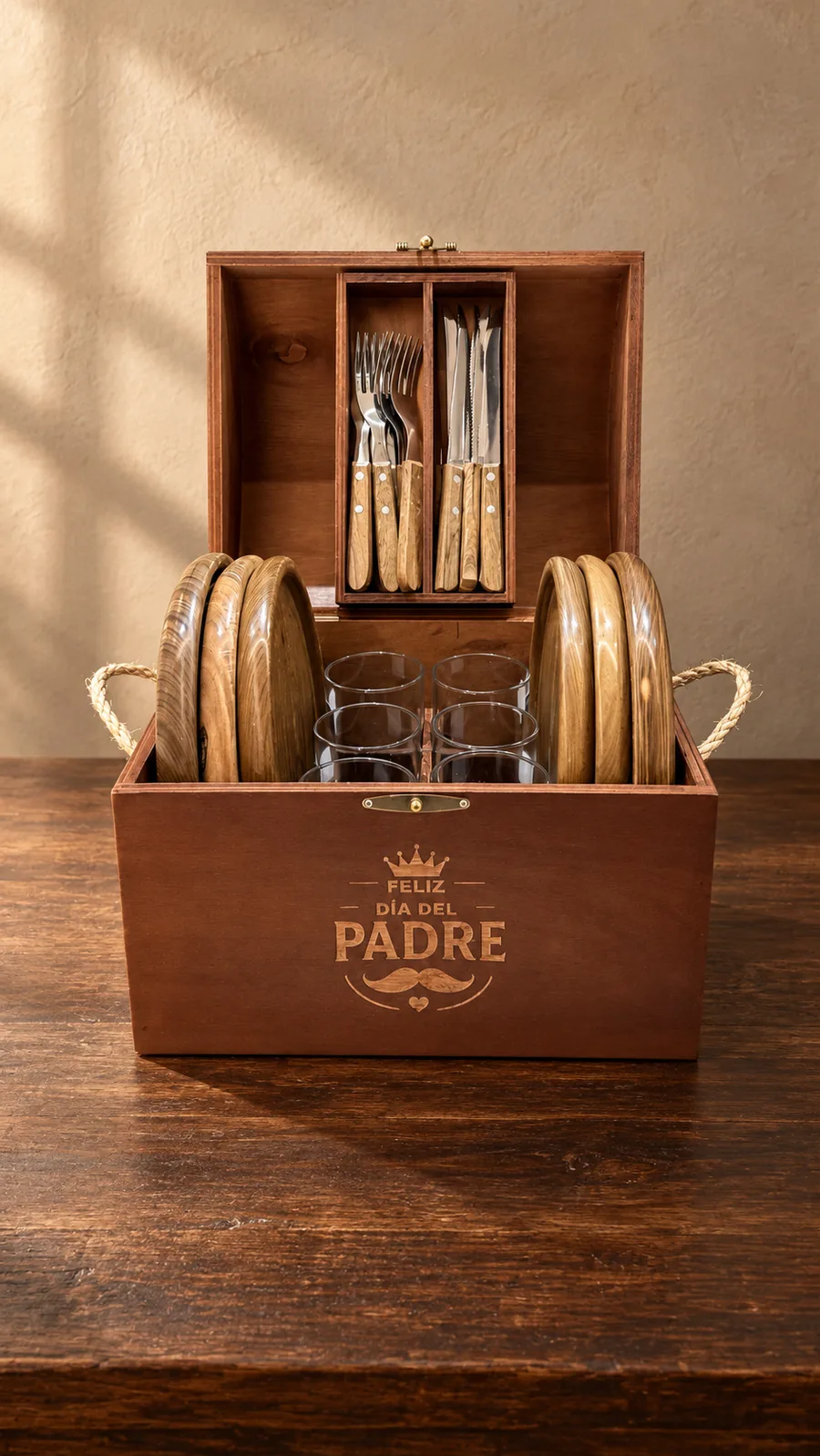 Cofre Legado Parrillero abierto, con los platos de lapacho, los vasos y los cubiertos, y el grabado Feliz Día del Padre