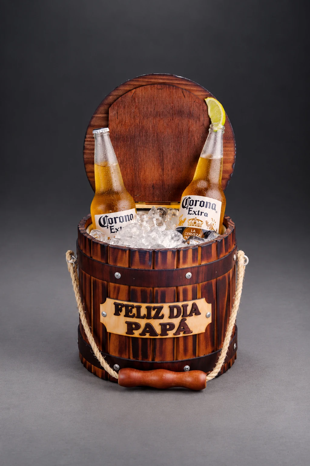Champañera Rústica con Tapa abierta, con hielo y cervezas, la placa Feliz Día Papá y el asa de yute