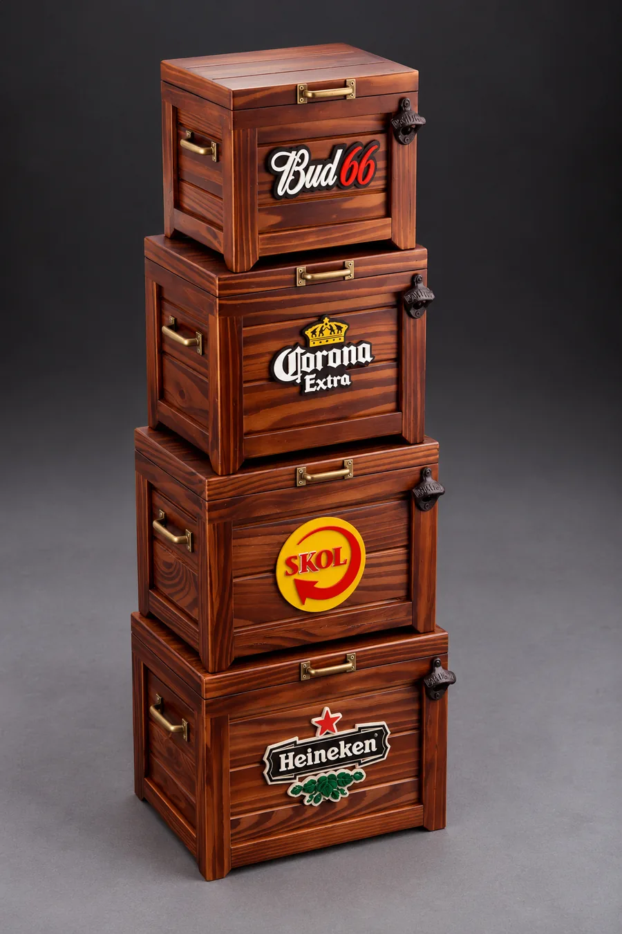 Conservadoras Rústicas apiladas de menor a mayor, con las chapas de Bud 66, Corona, Skol y Heineken