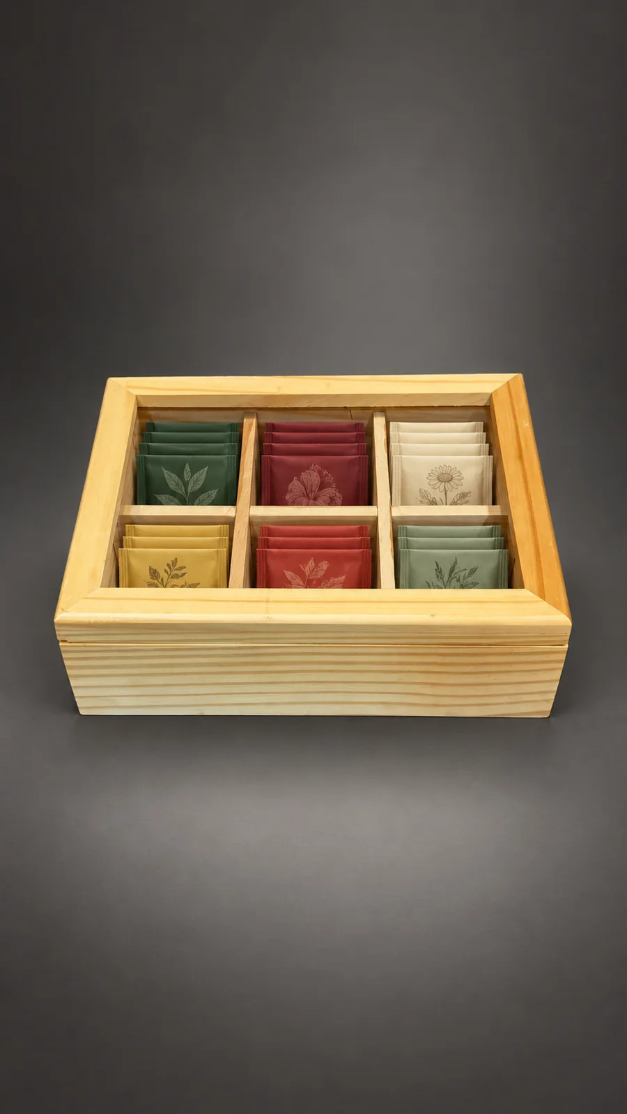 Caja Porta Té cerrada, vista de tres cuartos con la tapa de vidrio