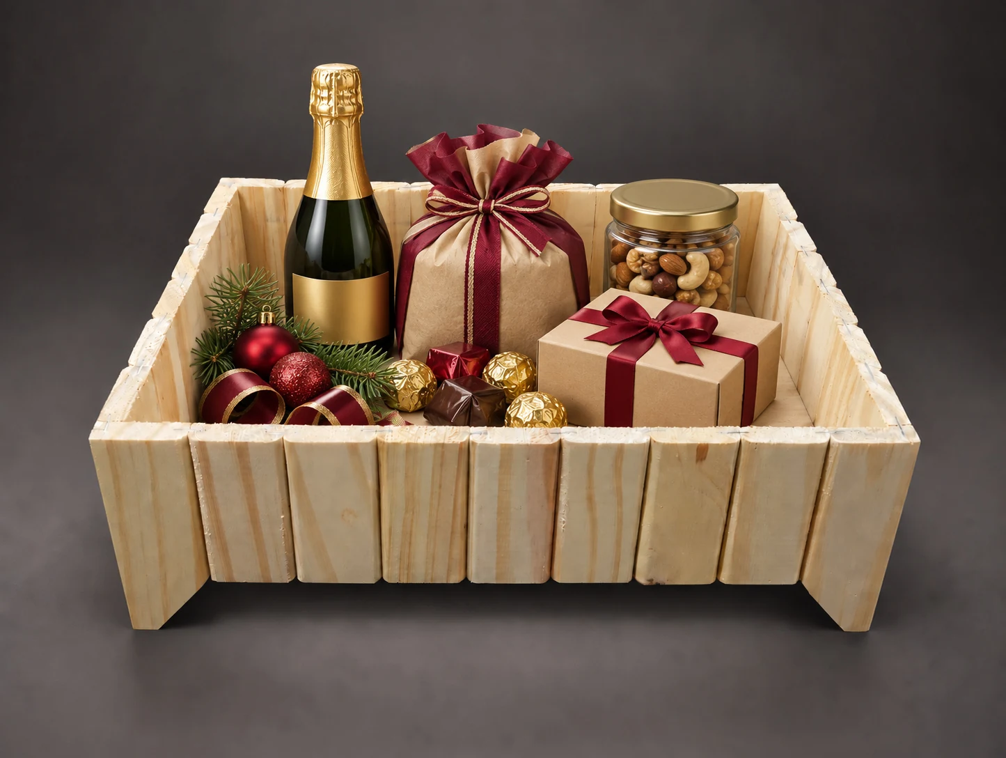 Bandeja Rústica Multiuso servida como canasta navideña, con espumante y regalos