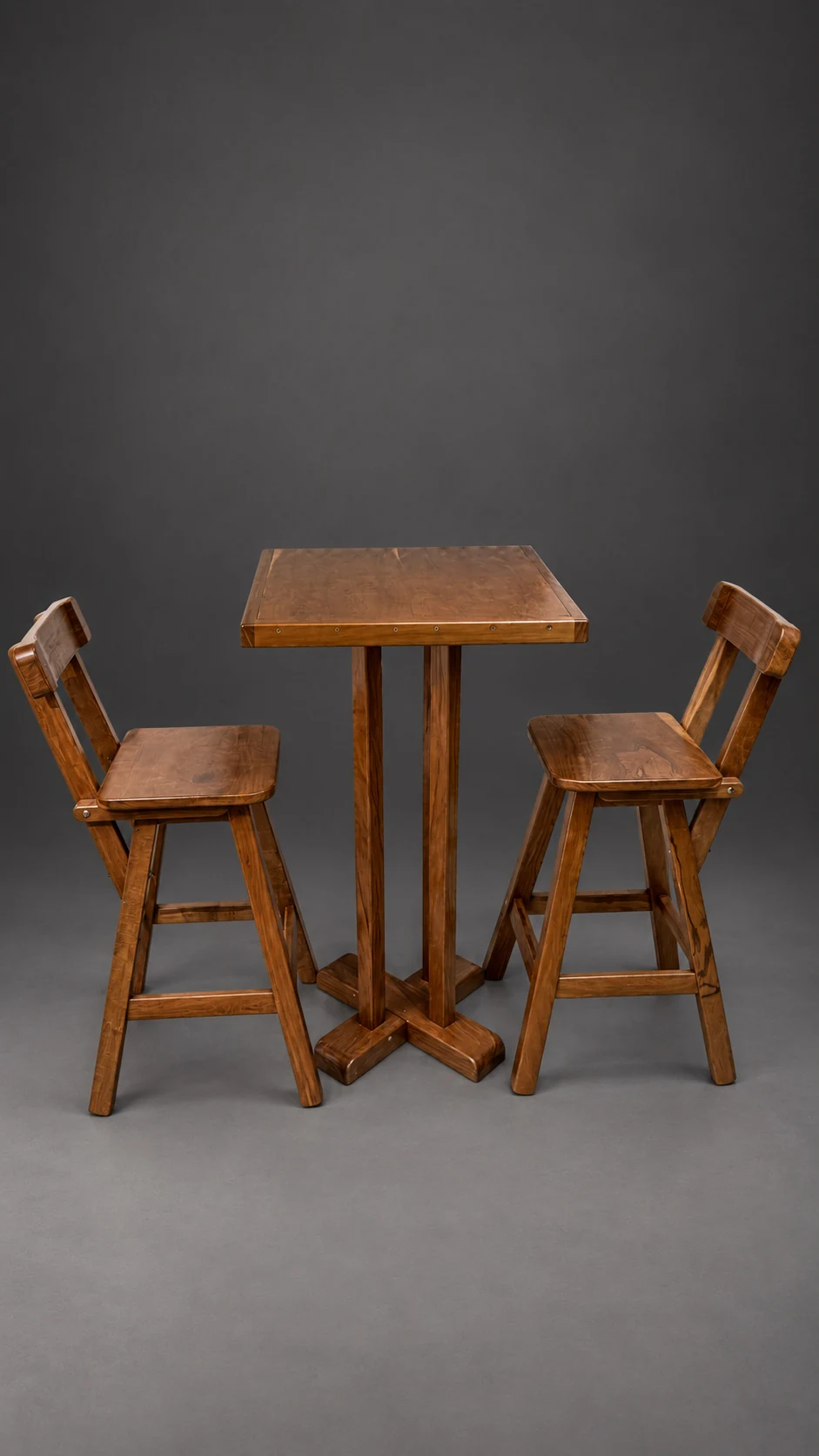 Juego de mesa alta con dos butacas con respaldo, armado