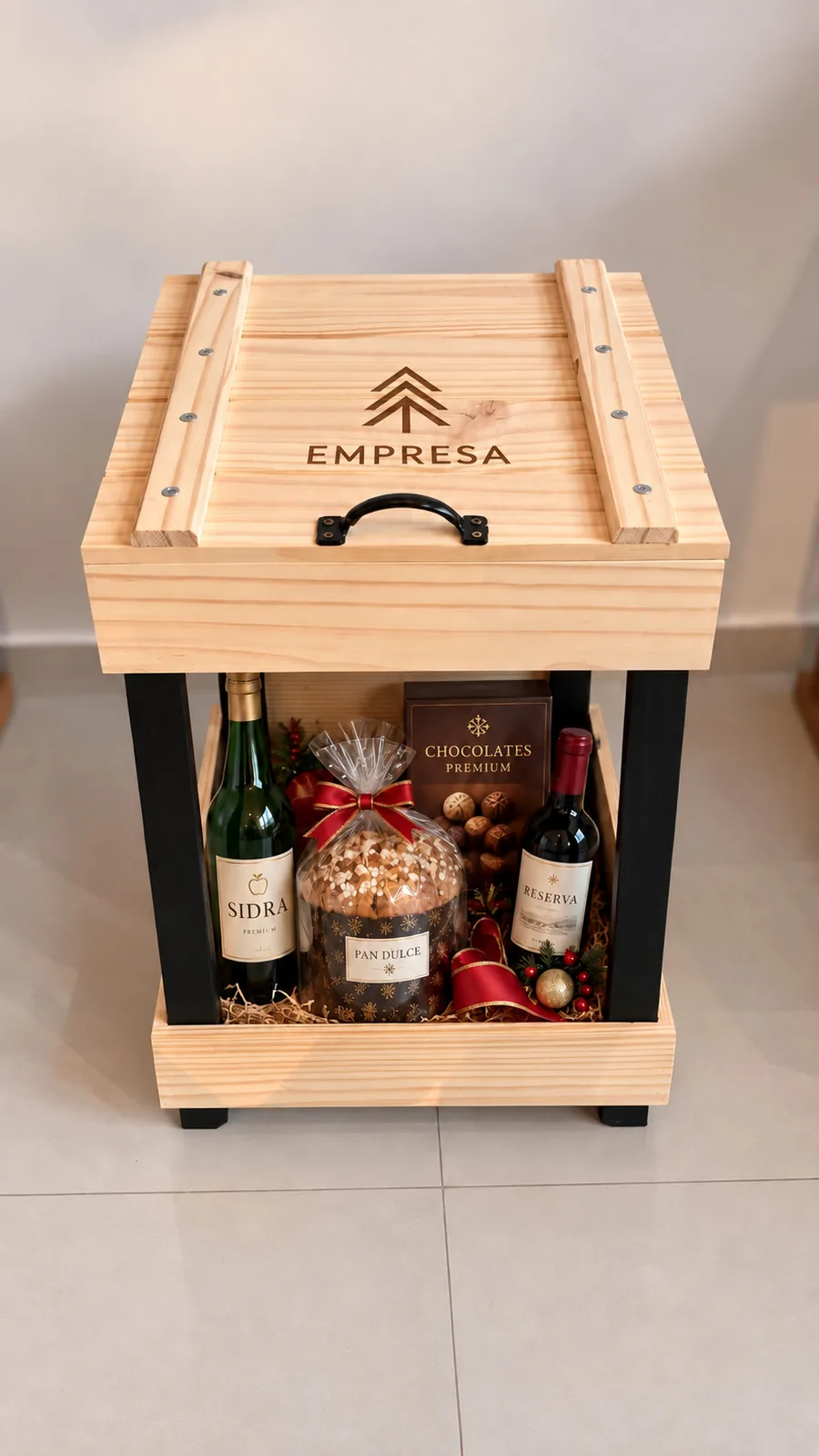 Estación Nexo cerrada, con el logo grabado en la tapa y sidra, vino, chocolates y pan dulce en la parte de abajo
