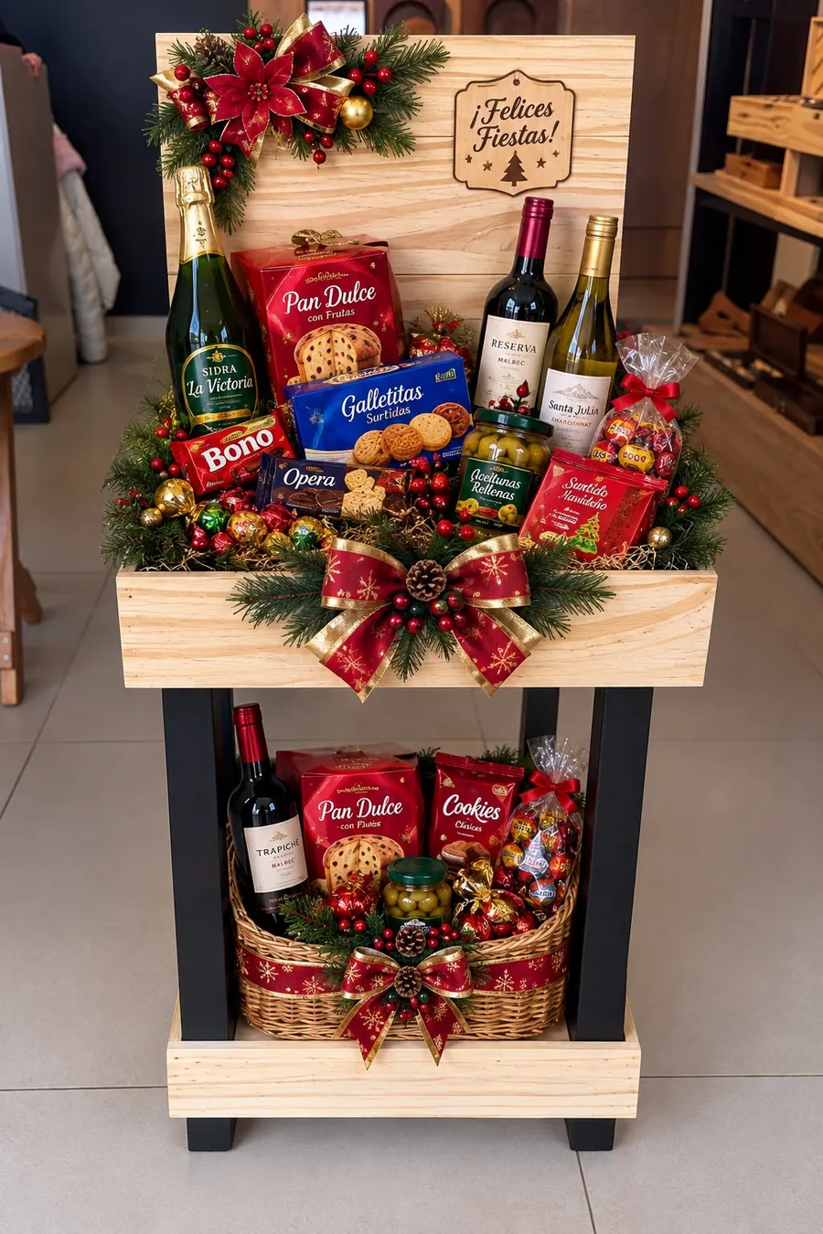 Estación Nexo armada para las fiestas, con la tapa levantada y un cartel de Felices Fiestas, y la caja y la canasta de abajo llenas de regalos